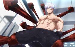  1boy abs bar_censor bara black_pants blue_eyes bound bound_legs bound_wrists bulge censored erection erection_under_clothes gojou_satoru highres jujutsu_kaisen kuroshinki large_pectorals male_focus male_pubic_hair muscular muscular_male navel nipples nude paid_reward_available pants pectorals pubic_hair restrained short_hair smile solo testicles thick_thighs thighs topless_male white_hair 