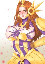 1girl :o absurdres armor blush bodysuit bound bound_wrists breasts broken_armor brown_eyes bursting_breasts covered_navel embarrassed gradient_background hand_on_own_hip headdress headgear highres huieii large_breasts league_of_legends leona_(league_of_legends) long_hair looking_at_viewer nipples nose_blush one_breast_out open_mouth orange_hair simple_background skindentation solo tears torn_bodysuit torn_clothes  rating:Questionable score:10 user:danbooru