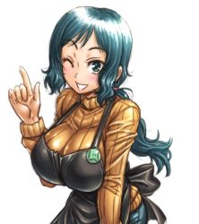 1girl amania_orz blue_hair breasts green_eyes gundam gundam_build_fighters iori_rinko large_breasts long_hair looking_at_viewer mature_female one_eye_closed ponytail ribbed_sweater simple_background smile solo sweater turtleneck white_background rating:Sensitive score:29 user:danbooru