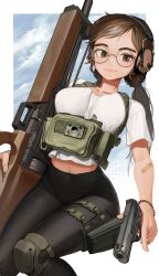  1girl absurdres ammunition_pouch bandaid bracelet breasts brown_eyes brown_hair bullpup cloud cloudy_sky ear_defenders glasses gun handgun highres holding holding_gun holding_weapon holster jewelry knee_pads korean_flag lips midriff original pants pistol pouch republic_of_korea_army rifle rifleman1130 round_eyewear sky sniper_rifle suppressor trigger_discipline twintails walther walther_wa_2000 weapon 