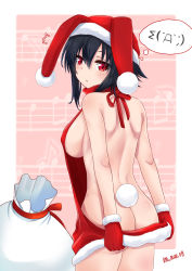 1girl ^^^ animal_ears animal_hat ass backless_dress backless_outfit bare_shoulders beamed_eighth_notes black_hair blush breasts butt_crack christmas commentary_request cowboy_shot dated dress eighth_note fur-trimmed_gloves fur-trimmed_headwear fur-trimmed_sweater fur_trim gloves hair_between_eyes hat highres large_breasts looking_at_viewer looking_back meme_attire mint_(cerbi) musical_note naked_sweater original parted_lips quarter_note rabbit_ears rabbit_girl rabbit_hat rabbit_tail red_eyes red_gloves red_hat sack santa_hat sideboob sleeveless sleeveless_turtleneck solo spoken_expression sweater sweater_dress tail turtleneck turtleneck_sweater virgin_killer_sweater