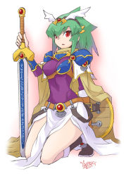  1girl armor bellnoa_(choukadou_girl_1/6) blush boots breast_armor cape choukadou_girl_1/6 covering_privates covering_breasts gauntlets green_hair headband kneeling red_eyes shield shoulder_armor skirt sword thighs weapon  rating:Questionable score:5 user:BottomDaiba