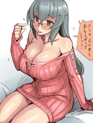 1girl :p blush breasts brown_eyes cleavage glasses hyougintou large_breasts long_hair looking_at_viewer aged_up ribbed_sweater rozen_maiden silver_hair sitting smile solo suigintou sweater tongue tongue_out translated tsuda_nanafushi rating:Sensitive score:26 user:danbooru