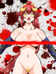  1girl bare_shoulders blood blood_splatter blush breasts cameltoe censored convenient_censoring detached_sleeves gluteal_fold hair_ribbon highres inabakun00 kotori_(inaba) large_breasts long_hair looking_at_viewer maebari navel open_mouth orange_eyes original ponytail red_hair ribbon solo standing tears 