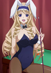  10s 1girl animal_ears billiards blonde_hair blue_eyes blush bow bowtie breasts cecilia_alcott cleavage cue_stick detached_collar drill_hair fake_animal_ears fishnet_pantyhose fishnets hairband highres infinite_stratos large_breasts leotard long_hair m_(masa11051105) open_mouth pantyhose playboy_bunny pool_table rabbit_ears smile solo table wrist_cuffs 