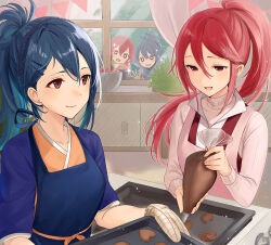  4girls alternate_hairstyle apron blue_apron blue_hair blue_scarf braid brown_eyes candy chocolate chocolate_heart commentary_request cooking cordelia_(fire_emblem) crown_braid curtains fire_emblem fire_emblem_awakening fire_emblem_fates food hair_between_eyes hair_bun hair_ornament hairclip haru_(nakajou-28) heart highres indoors kana_(female)_(fire_emblem) kana_(fire_emblem) long_hair long_sleeves looking_at_another morgan_(female)_(fire_emblem) morgan_(fire_emblem) mother_and_daughter multiple_girls nintendo oboro_(fire_emblem) oven_mitts pink_apron plaid_oven_mitts pointy_ears red_eyes red_hair ribbed_sweater scarf short_hair single_hair_bun smile sweater turtleneck turtleneck_sweater white_sweater window 
