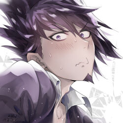  1boy closed_mouth coat collarbone collared_jacket commentary_request danganronpa_(series) danganronpa_v3:_killing_harmony facial_hair furrowed_brow goatee hair_between_eyes high_collar jacket light_blush light_particles looking_at_viewer male_focus momota_kaito nervous nervous_sweating purple_coat purple_eyes purple_hair short_hair simple_background solo spiked_hair sweat u_u_ki_u_u upper_body wavy_mouth white_background white_jacket 
