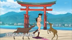  1girl beach black_hair breasts deer female_focus meitantei_conan mouri_ran nude nude_filter outdoors sky solo third-party_edit torn_clothes water zenra  rating:Explicit score:29 user:Tails44