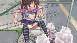  1girl bdsm blue_eyes blush bondage bound brown_hair clothes_lift commentary female_focus flat_chest grate kogakunama loli miniskirt nipples open_clothes open_shirt original outdoors panties pussy_juice pussy_juice_drip_through_clothes restrained shirt skirt skirt_lift solo stationary_restraints striped_clothes striped_thighhighs tears thighhighs trash_bag twintails underwear white_panties 