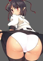 1girl ass ass_focus assisted_exposure bad_id bad_pixiv_id black_hair black_thighhighs blush clothes_lift female_focus frown hat hat_ribbon highres kotomuke_fuurin looking_at_viewer looking_back panties pointy_ears pov puffy_short_sleeves puffy_sleeves red_eyes ribbon shameimaru_aya shirt short_sleeves skirt skirt_lift solo solo_focus thighhighs tokin_hat touhou underwear upskirt white_panties rating:Sensitive score:65 user:danbooru