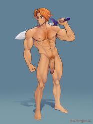  1boy abs aged_up alternate_body_hair alternate_muscle_size bara blonde_hair blue_eyes chest_hair circumcision_scar completely_nude elf flaccid frown full_body highres holding holding_sword holding_weapon huge_penis large_pectorals link looking_to_the_side male_focus male_pubic_hair muscular muscular_male navel navel_hair nintendo nipples nude orange_hair over_shoulder pectorals penis pointy_ears pubic_hair schlonganiza short_hair solo standing stomach sword sword_over_shoulder the_legend_of_zelda thighs weapon weapon_over_shoulder 