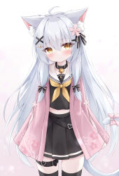  1girl animal_ear_fluff animal_ears bell black_skirt black_thighhighs blush bow cat_girl cat_tail choker closed_mouth collarbone commentary_request commission cowboy_shot dot_nose grey_hair grey_tail hair_between_eyes hair_ornament hairclip highres jacket jingle_bell long_hair looking_at_viewer midriff_peek mochizuki_riku open_clothes open_jacket original pleated_skirt simple_background skeb_commission skirt solo standing straight_hair tail tail_bow tail_ornament thigh_strap thighhighs very_long_hair white_background x_hair_ornament yellow_eyes zettai_ryouiki 