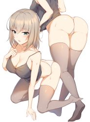 10s 1girl :o ass bare_shoulders blush boots breasts brown_hair brown_thighhighs cameltoe camisole cleavage collarbone from_behind full_body girls_und_panzer green_eyes hand_on_own_chest highres icomochi itsumi_erika knee_boots large_breasts leaning_forward long_hair looking_at_viewer multiple_views no_shoes open_mouth panties raised_eyebrows shiny_skin simple_background spaghetti_strap standing sweat thighhighs tsurime underwear white_background white_panties rating:Questionable score:62 user:danbooru