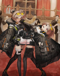  3boys 6+girls absurdres ammunition_pouch aoi_wakashi_chiyo asymmetrical_legwear black_footwear black_suit black_thighhighs breasts brown_hair bullpup clone dancing dated_commentary double_bun eyewear_on_head formal gas_mask girls&#039;_frontline gun hair_bun highres holding holding_gun holding_weapon looking_at_viewer mask medium_breasts multiple_boys multiple_girls open_mouth p90 p90_(girls&#039;_frontline) pouch red_eyes shoes smile sneakers submachine_gun suit sunglasses teeth thighhighs tongue tongue_out uneven_legwear upper_teeth_only weapon 