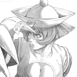 1girl blush blush_stickers breasts claw_(weapon) cleavage cleavage_cutout clothing_cutout eyelashes greyscale hair_between_eyes hat jiangshi lei_lei long_eyelashes monochrome ofuda parted_lips rejean_dubois short_hair simple_background sketch solo talisman upper_body vampire_(game) weapon white_background  rating:Sensitive score:20 user:danbooru