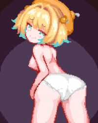 1girl animated animated_gif ass ass_shake bent_over blonde_hair blue_hair blush bombergirl breasts censored cleft_of_venus female_focus hair_ornament hat hinainf looking_at_viewer looking_back lowres medium_breasts mosaic_censoring multicolored_hair open_mouth panties panty_pull pine_(bombergirl) pixel_art presenting presenting_pussy pussy simple_background smile solo standing topless two-tone_hair underwear white_panties rating:Explicit score:122 user:BaronArgyleSven