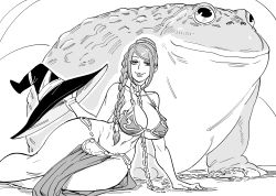 1girl animal arm_support bb_(baalbuddy) braid breasts chain chain_leash cleavage collar commentary cosplay dragon&#039;s_crown english_commentary english_text frog greyscale half-closed_eyes hat unworn_hat unworn_headwear highres holding holding_clothes holding_hat huge_breasts implied_bestiality leash long_hair looking_at_viewer monochrome oversized_animal parted_lips pelvic_curtain princess_leia_organa_solo princess_leia_organa_solo_(cosplay) seductive_smile simple_background sitting slave slave_leia smile solo sorceress_(dragon&#039;s_crown) star_wars star_wars:_return_of_the_jedi white_background wide_hips yokozuwari rating:Sensitive score:83 user:danbooru