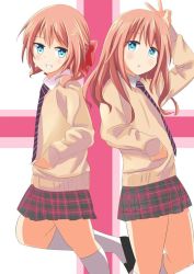  10s 1boy arikawa_kaguya blue_eyes blush grin hair_down hand_in_pocket himegoto long_hair looking_at_viewer multiple_views parted_lips pink_hair school_uniform shoes skirt smile tagfly27qt thighhighs trap twintails v 