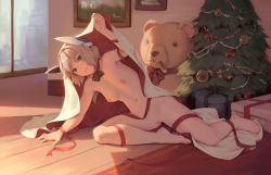 1girl android arm_support barefoot bell bigrbear blanket blonde_hair breasts carpet christmas christmas_tree cigar collar day full_body green_eyes head_tilt highres looking_at_viewer medium_breasts navel nipples nude original parted_lips pussy reclining red_ribbon ribbon short_hair sitting smile solo stuffed_toy uncensored rating:Explicit score:237 user:danbooru
