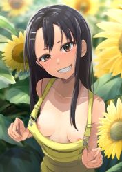  1girl black_hair breasts female_focus flashing flower grin hair_ornament hairclip head_tilt highres ijiranaide_nagatoro-san k3rd long_hair looking_at_viewer nagatoro_hayase naughty_face nipples outdoors overalls overalls_pull small_breasts smile solo sunflower tan tanline  rating:Questionable score:324 user:ponekad