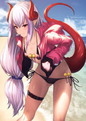  1girl beach bikini black_bikini blue_sky blush breasts cloud collarbone commentary_request covered_erect_nipples day dragon_girl dragon_horns dragon_tail facial_mark fang fang_out gluteal_fold hair_between_eyes hands_in_pockets horns ibuki_notsu jacket long_hair long_sleeves looking_at_viewer low-tied_long_hair lowleg lowleg_bikini melusine_(ibuki_notsu) micro_bikini navel original outdoors pointy_ears red_eyes red_jacket side-tie_bikini_bottom sidelocks sky small_breasts smile solo standing swimsuit tail thigh_strap very_long_hair zipper zipper_pull_tab  rating:Questionable score:11 user:danbooru