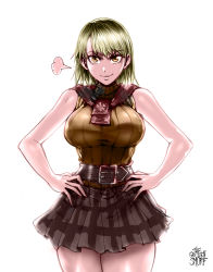  1girl ashley_graham belt blonde_hair bob_cut breasts commentary english_commentary furrowed_brow hands_on_own_hips highres large_breasts pleated_skirt resident_evil resident_evil_4 ribbed_sweater scarf short_hair signature simple_background skirt sleeveless sleeveless_turtleneck smirk solo sweater the_golden_smurf tsurime turtleneck white_background yellow_eyes  rating:Sensitive score:110 user:danbooru