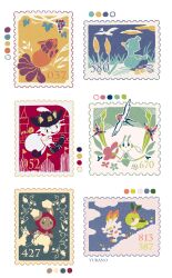 bird buneary cinderace color_guide creatures_(company) duck ducklett floette flower food fruit game_freak gen_1_pokemon gen_3_pokemon gen_4_pokemon gen_5_pokemon gen_6_pokemon gen_8_pokemon grapes meowth nintendo no_humans pink_flower pokemon pokemon_(creature) postage_stamp red_hood running simple_background swallow_(bird) taillow turtwig vulpix white_background yurano_(upao)