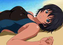  1girl amagami beach black_hair black_one-piece_swimsuit blue_eyes blue_one-piece_swimsuit breasts competition_swimsuit day female_focus hair_between_eyes looking_at_viewer lying nanasaki_ai ocean on_back one-piece_swimsuit outdoors sand short_hair smile solo swimsuit tan two-tone_swimsuit water yuuyuu_(3jjbn) 