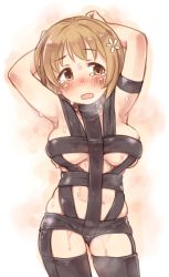 10s 1girl 7010 armpits arms_up blush breasts brown_eyes brown_hair flower hair_flower hair_ornament hot_limit idolmaster idolmaster_cinderella_girls large_breasts mimura_kanako open_mouth plump short_hair simple_background solo sweat t.m.revolution tears rating:Sensitive score:20 user:danbooru