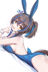  1girl :d animal_ears ass bare_arms bare_shoulders bed_sheet blue_hair blue_hairband blue_leotard blue_nails breasts brown_hair collar cowboy_shot crossed_bangs daitaku_helios_(umamusume) detached_collar dutch_angle facepaint fake_animal_ears fang from_side hair_between_eyes hair_ornament hairband hairclip hand_to_own_mouth hand_up high_ponytail horse_tail leotard looking_at_viewer looking_to_the_side lying medium_breasts multicolored_hair nail_polish nannacy7 on_bed on_stomach open_mouth playboy_bunny rabbit_ears short_ponytail sideboob sidelocks sideways_glance smile solo star_(symbol) star_hair_ornament strapless strapless_leotard streaked_hair tail two-tone_hair umamusume v white_background white_collar white_wrist_cuffs wrist_cuffs yellow_eyes 