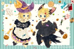  1boy 1girl animal_ears blonde_hair blue_eyes blush bridal_garter candy character_name checkerboard_cookie collar cookie dress fang food garter_straps gingerbread_man gloves hair_ornament hairclip halloween halloween_bucket hat highres holding holding_hands jewelry kagamine_len kagamine_rin koume_keita lollipop midriff_peek necklace off-shoulder_dress off_shoulder open_mouth shirt short_hair single_garter_strap single_thighhigh skeleton_print smile swirl_lollipop tail thighhighs torn_clothes torn_shirt vocaloid witch_hat wolf_ears wolf_tail wrapped_candy 