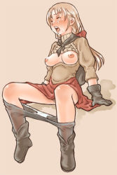  1girl alma_beoulve beige_background blonde_hair blush boots breastless_clothes breasts breasts_apart breasts_out brown_hair capelet closed_eyes clothes_pull cum facial final_fantasy final_fantasy_tactics full_body gloves long_hair nipples panties panties_under_pantyhose panty_pull pantyhose pantyhose_pull simple_background sitting skirt small_breasts small_nipples solo sweater underwear underwearwhite_panties  rating:Explicit score:26 user:nivrac