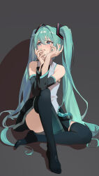  1girl absurdres aqua_eyes aqua_hair aqua_nails bare_shoulders black_skirt black_thighhighs collared_shirt crying crying_with_eyes_open detached_sleeves double-parted_bangs full_body furrowed_brow grey_background grey_shirt hair_between_eyes hair_intakes hair_ornament hatsune_miku highres knee_up light_blush long_hair looking_to_the_side no_shoes pleated_skirt sad shadow shirt sidelocks simple_background sitting skirt sleeveless sleeveless_shirt tears thighhighs twintails very_long_hair vocaloid wudongyouyi 