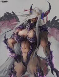  1girl abs absurdres blonde_hair breasts cleavage dark_skin dragon_girl dragon_wings fire_emblem fire_emblem_engage grey_hair highres horns large_breasts lips long_hair monster_girl muscular navel nintendo pointy_ears purple_eyes revealing_clothes scales sephilash signature tagme thick_thighs thighs wide_hips wings zephia_(fire_emblem)  rating:Sensitive score:17 user:nobodyyet