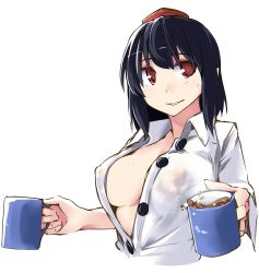  1girl black_hair blush breasts cleavage coffee coffee_mug covered_erect_nipples cup giving grin hat kamukamu_(ars) large_breasts looking_at_viewer mug open_clothes open_shirt red_eyes shameimaru_aya shirt short_hair simple_background smile solo tokin_hat touhou white_background wings  rating:Sensitive score:15 user:danbooru