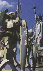  1980s_(style) 1990s_(style) bad_end blue_sky building cloud emblem gun gundam highres kawamoto_toshihiro machine_gun mecha mobile_suit mobile_suit_gundam new_york no_humans official_art oldschool promotional_art retro_artstyle robot scan science_fiction shield sky statue_of_liberty traditional_media vandalized weapon when_you_see_it zaku_ii zeon 