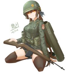 1girl alternate_costume battle_rifle black_thighhighs brown_hair combat_helmet commentary dated english_commentary explosive full_body girls&#039;_frontline green_jacket grenade griffin_&amp;_kryuger gun hair_between_eyes helmet highres jacket kneeling long_hair m14 m14_(girls&#039;_frontline) m72_law miliki military_jacket military_uniform orange_eyes parted_lips rifle rocket_launcher simple_background sitting smile smoke_grenade solo teeth thighhighs twintails weapon white_background