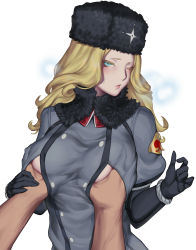 1boy 1girl absurdres black_gloves blonde_hair blue_eyes blush grabbing_another&#039;s_breast breasts breath buttons eyelashes fur_collar fur_hat gloves grabbing hand_under_clothes hat hetero highres kolin kumiko_shiba large_breasts light_blush long_hair looking_at_viewer no_bra one_eye_closed parted_lips pov russian_clothes simple_background solo_focus street_fighter street_fighter_v sweatdrop upper_body ushanka white_background rating:Questionable score:111 user:danbooru