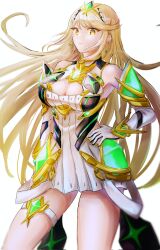  1girl absurdres bare_shoulders blonde_hair breasts chest_jewel cleavage cleavage_cutout clothing_cutout core_crystal_(xenoblade) dress drop_earrings earrings elbow_gloves gem gloves headpiece highres hmk_3373 jewelry knee_up large_breasts long_hair looking_at_viewer microdress mythra_(xenoblade) solo swept_bangs tiara white_background xenoblade_chronicles_(series) xenoblade_chronicles_2 yellow_eyes 