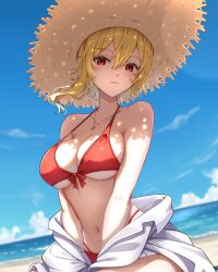  1girl as4gi beach bikini blonde_hair blue_sky breasts hat highres hololive hololive_indonesia jewelry kaela_kovalskia large_breasts looking_at_viewer navel necklace off_shoulder red_bikini red_eyes shirt sky solo straw_hat swimsuit virtual_youtuber white_shirt  rating:Sensitive score:10 user:danbooru