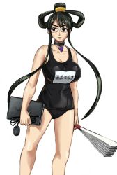 &gt;:o 1girl :o amaterasu_(mythology) annoyed black_hair black_one-piece_swimsuit black_school_swimsuit breasts cable character_name cleavage collar collarbone computer female_focus glasses hair_bun hair_ornament hair_rings hand_fan harisen holding laptop large_breasts legs_apart long_hair looking_to_the_side magatama monbetsu_kuniharu monkuni mouse_(computer) name_tag old_school_swimsuit one-piece_swimsuit original paper_fan parted_lips red_eyes rimless_eyewear school_swimsuit short_hair_with_long_locks sidelocks simple_background single_hair_bun solo standing swimsuit taut_clothes v-shaped_eyebrows vaio very_long_hair white_background rating:Sensitive score:18 user:danbooru