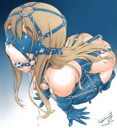  1girl all_fours anal anal_object_insertion ass bad_id bad_pixiv_id ball_gag bdsm blindfold bondage bondage_outfit boots bound breasts brown_hair buckle butt_plug chain corset drooling elbow_gloves gag gagged gloves harness highres k-on! kotobuki_tsumugi leather legbinder long_hair medium_breasts nipples nude object_insertion saliva saliva_trail sekihan sex_toy slave solo thigh_boots thighhighs wiffle_gag zipper  rating:Explicit score:274 user:lkjh098