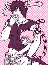  2boys age_difference animal_ears blush cigarette claws fangs hand_in_pants male_focus multiple_boys piercing shota smile smoke tail tattoo yaoi  rating:Questionable score:30 user:yaoilover
