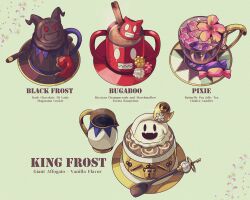  :d absurdres black_frost candy character_name cup drink duckpasta flower food glint highres king_frost lock mug no_humans open_mouth shin_megami_tensei simple_background smile spoon teacup wrapped_candy 