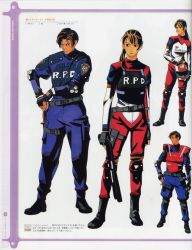  1990s_(style) 1boy capcom claire_redfield concept_art curtained_hair elza_walker gun highres leon_s._kennedy official_art police police_uniform ponytail racing_suit resident_evil resident_evil_2 retro_artstyle shotgun uniform unused_character_(kill_me_baby) weapon 