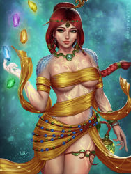  1girl aqua_background artist_name bandeau blue_background bracelet braid breasts brown_hair circlet closed_mouth commentary contrapposto cowboy_shot dated earrings english_commentary facial_tattoo full-body_tattoo gem green_eyes hand_up highres jewelry lantern large_breasts legs_together looking_at_viewer necklace nu_wa_(smite) parted_bangs realistic red_hair red_lips revealing_clothes scales sciamano240 signature smile smite solo standing tattoo thigh_strap twin_braids underboob  rating:Sensitive score:67 user:danbooru