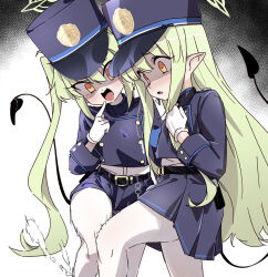  2girls belt black_belt black_hat black_jacket black_shorts black_skirt black_tail blue_archive buttons cum double-breasted finger_to_mouth gloves green_hair green_halo hair_between_eyes halo hat hikari_(blue_archive) nozomi_(blue_archive) hikari_(blue_archive) implied_footjob jacket long_hair long_sleeves looking_down multiple_girls nozomi_(blue_archive) ocha_(popopogg) open_mouth pantyhose pointy_ears projectile_cum shaded_face shorts skirt twintails white_gloves white_pantyhose yellow_eyes 