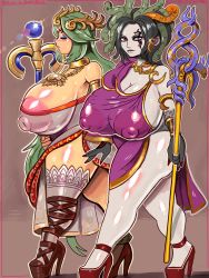  absurdres breasts green_hair high_heels highres huge_breasts kid_icarus kid_icarus_uprising large_areolae medusa_(kid_icarus) nail_polish nintendo nipples palutena self-upload snake thick_thighs thighs  rating:Questionable score:21 user:desgardes