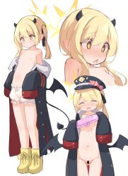  1girl :d bar_censor blonde_hair bloomers blue_archive blush bow censored closed_eyes coat demon_tail demon_wings dildo flat_chest gluteal_fold halo hat hat_bow highres holding holding_sex_toy horns ibuki_(blue_archive) loli long_coat naked_coat navel nipples open_mouth pink_bow pointy_ears sex_toy simple_background sleeves_past_wrists smile solo standing sweat tail thigh_gap twintails umiinu underwear vibrator white_background wings yellow_eyes 