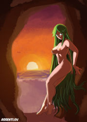 1girl ass assentlov beach breasts cave collarbone curvy evening feet green_eyes green_hair hand_on_wall highres hip_focus kid_icarus kid_icarus_uprising large_breasts legs long_hair long_legs looking_at_viewer navel nintendo nude orange_sky outdoors palutena parted_bangs sand shade sky smile solo standing sunset swept_bangs tareme text_focus thick_thighs thighs toes very_long_hair watermark  rating:Questionable score:41 user:PaluPalu